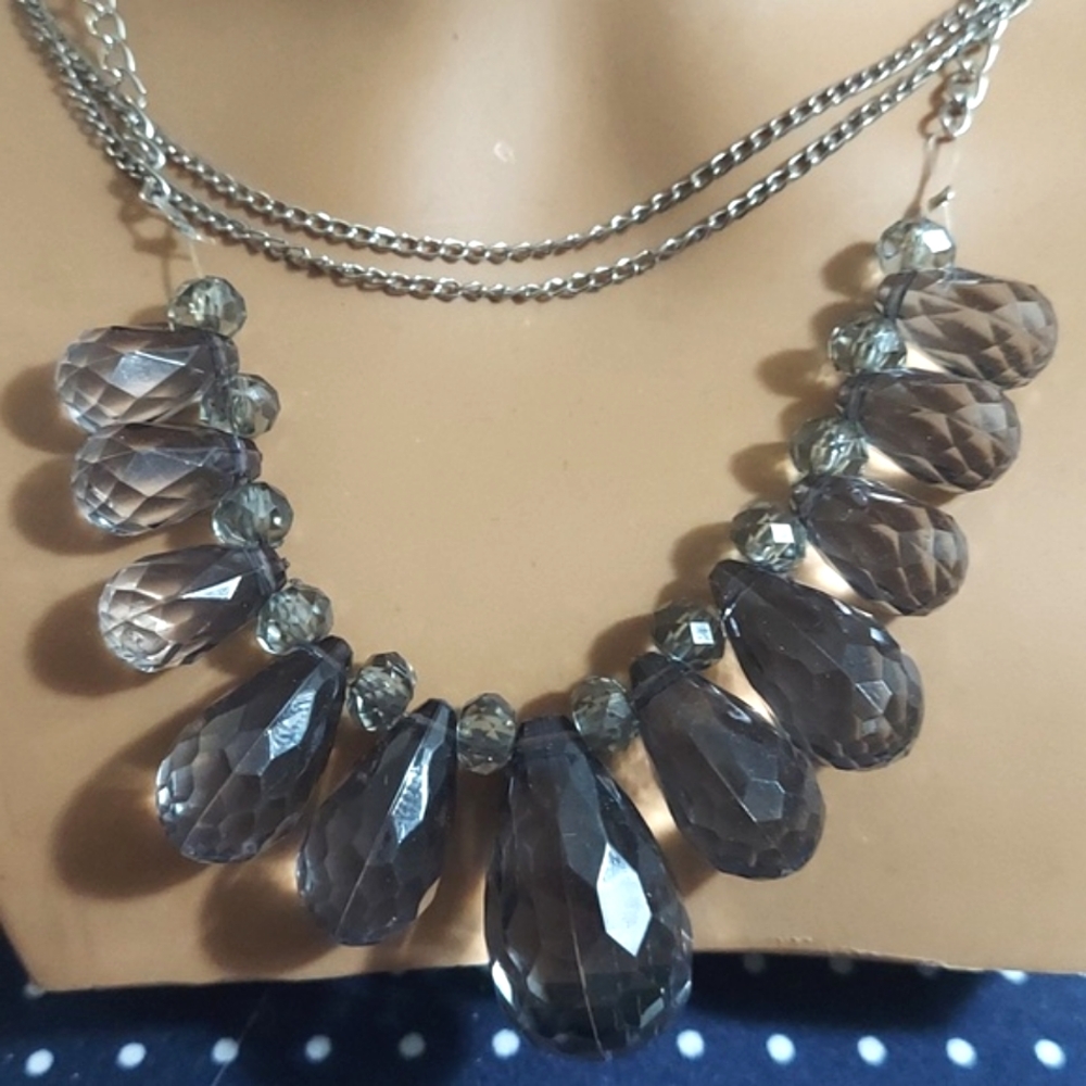 Elegant Silver Multi Chain Grey Crystal Teardrop Chandelier Necklace